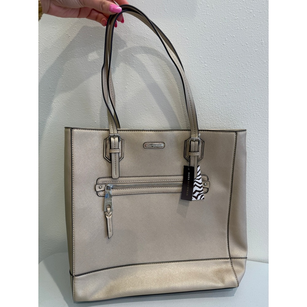 Dana Buchman Metallic Champagne Gold Saffiano Tote Bag Zebra Print Lining NWT